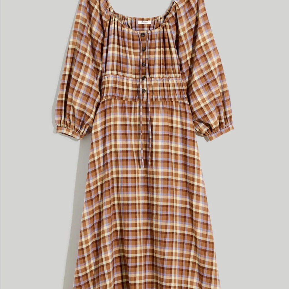 Madewell Brown and Cream Smocked Ruffled Sundress with 3/4 Bishop Sleeves